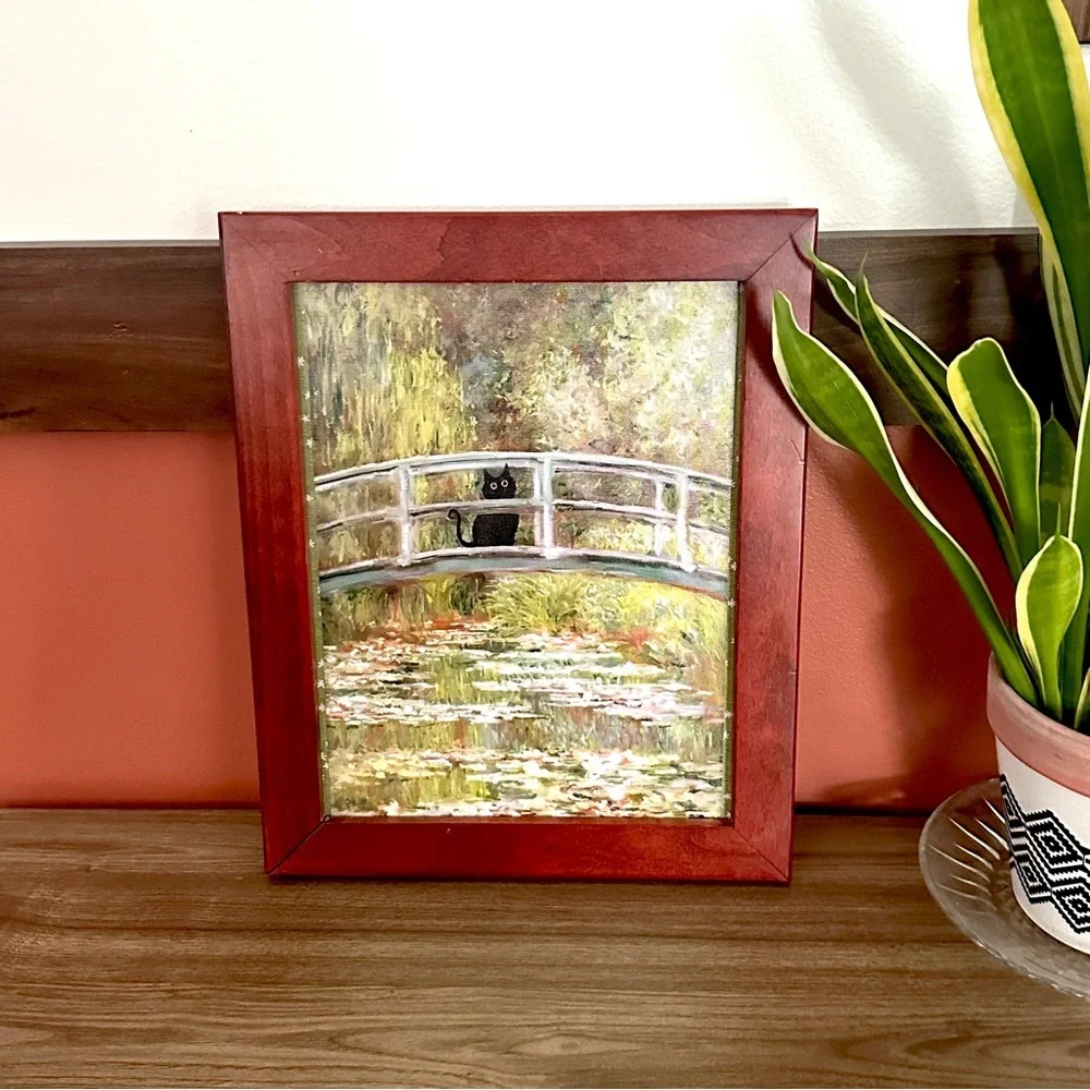 Monet Waterlily & A Black Cat Painting Repro Print Wood Framed Kitty Wall Art